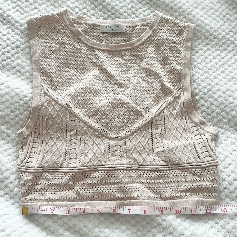 Aritzia Babaton Pointelle Sleeveless Sweater Knit Crop Top in Cream Beige - Picture 7 of 9